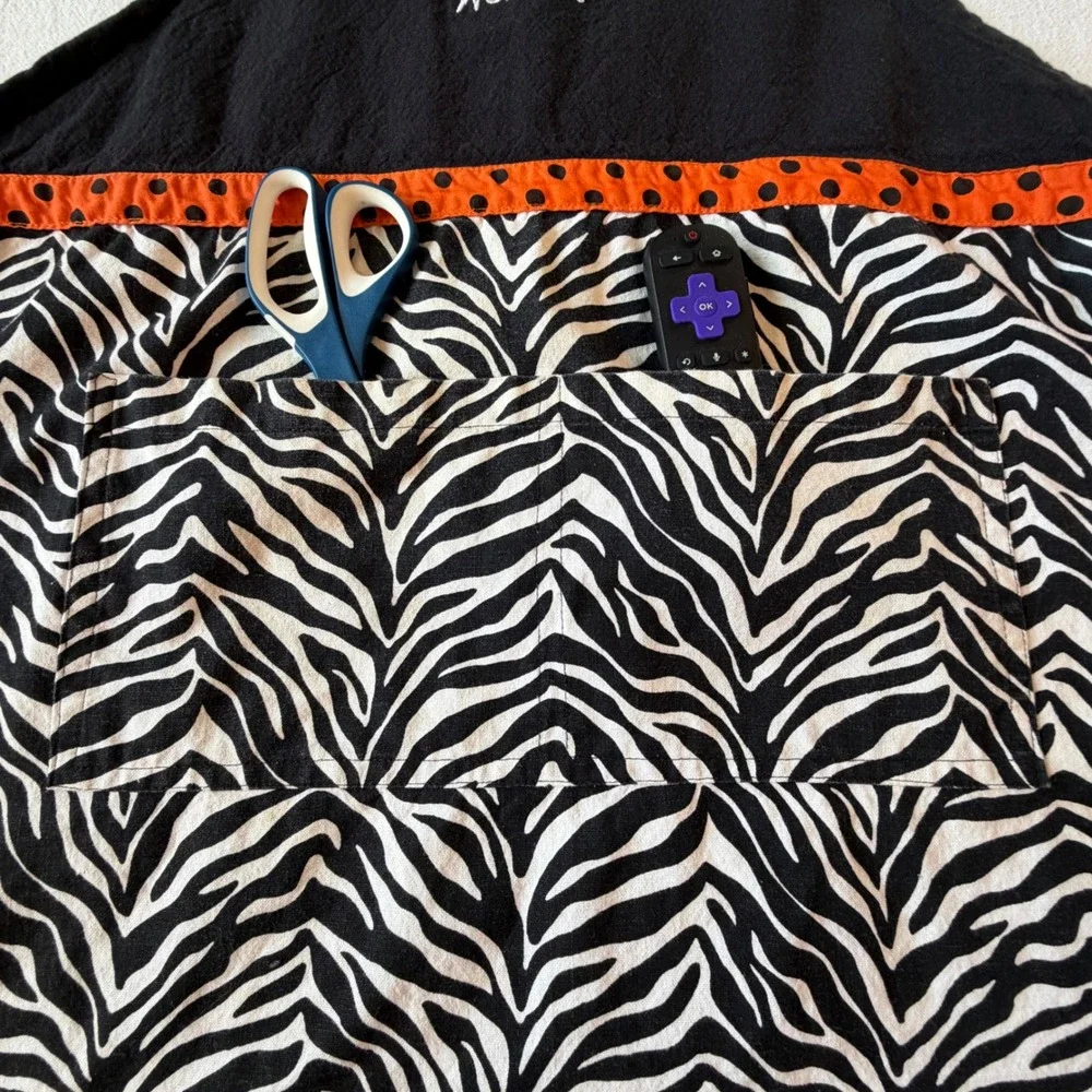 Witchy Woman Halloween Apron Zebra Print Orange Polka Dot Pockets Adjustable